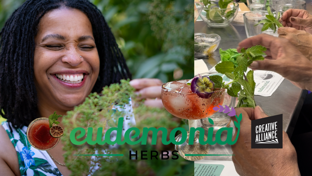 Woman smiling, images of cocktails and cocktail, text Edudemonia Herbs